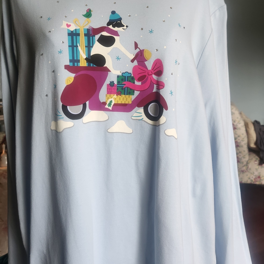 CJ Banks Light Blue Long Sleeve Tee with Festive Print